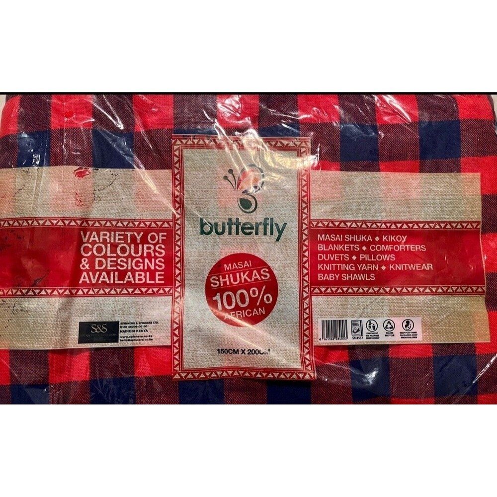 NWT Butterfly Maasai Shuka Blanket Shawl Red Blue Plaid 61x79 inch Kenya African